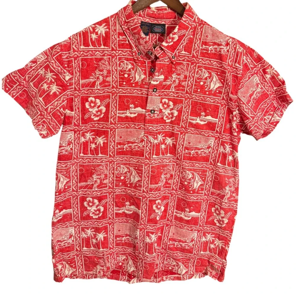 Maui Company Red Tropical Island Print Cotton‎ Short Sleeve Shirt Large Resort